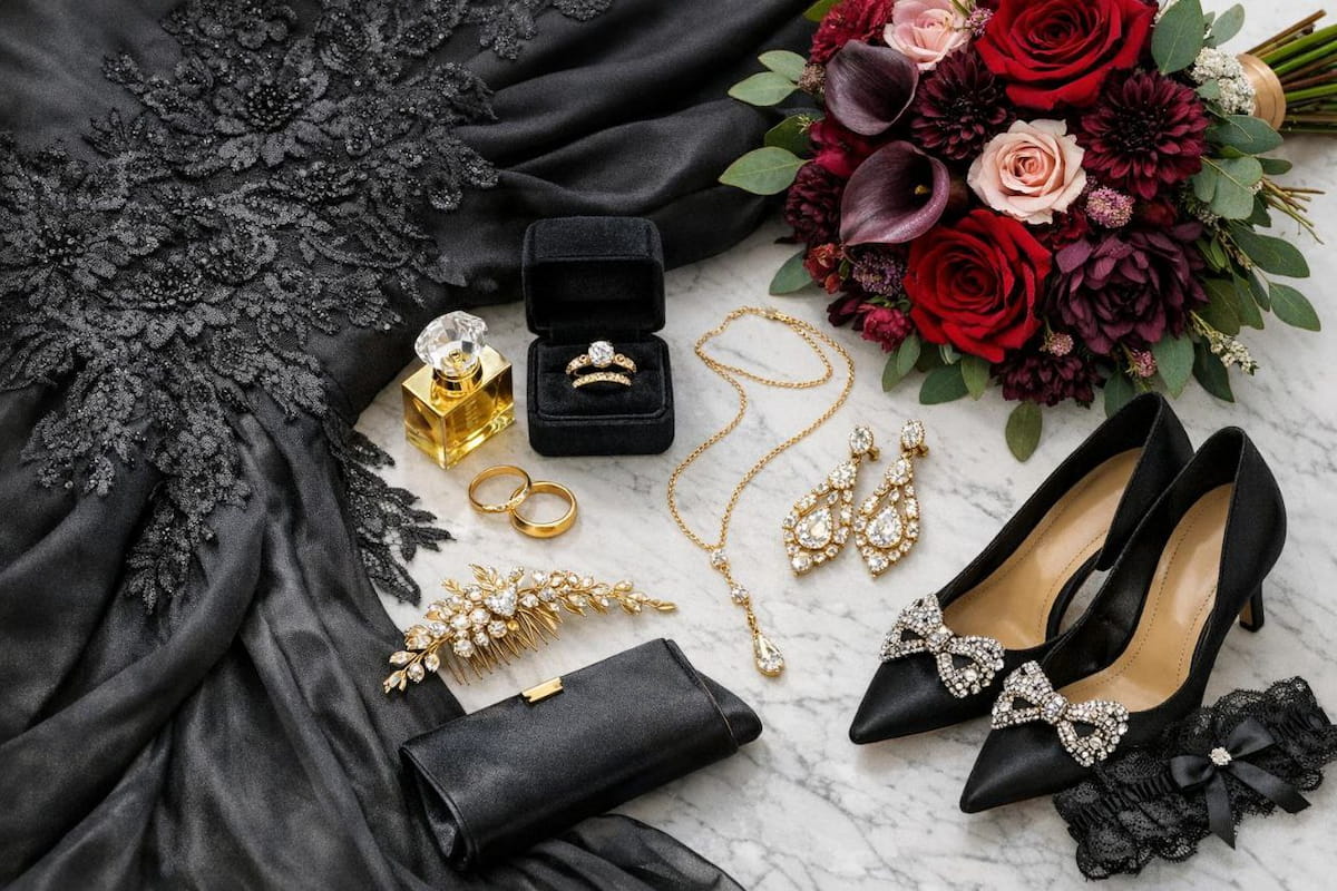 Black wedding dress with gold jewelry, colorful floral bouquet, styling accessories laid out, bride planning elegant gothic bridal look