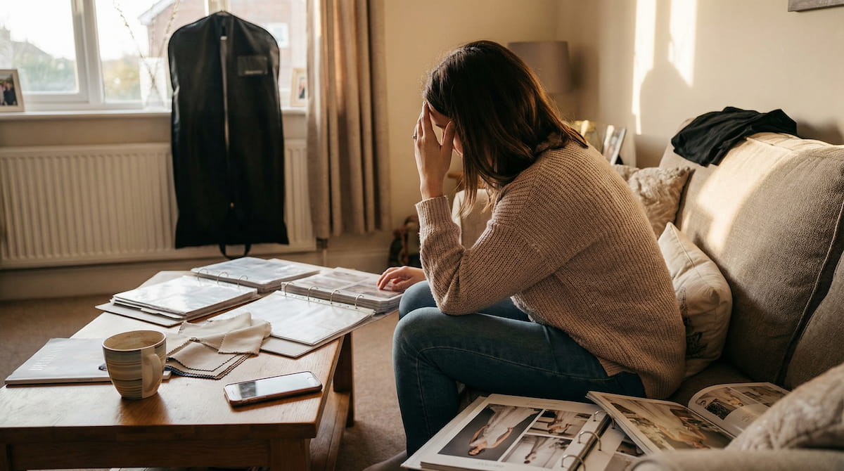 Bride sitting on bed with phone, anxious expression, wedding planning notebooks scattered around, preparing for difficult family conversation about black dress choice