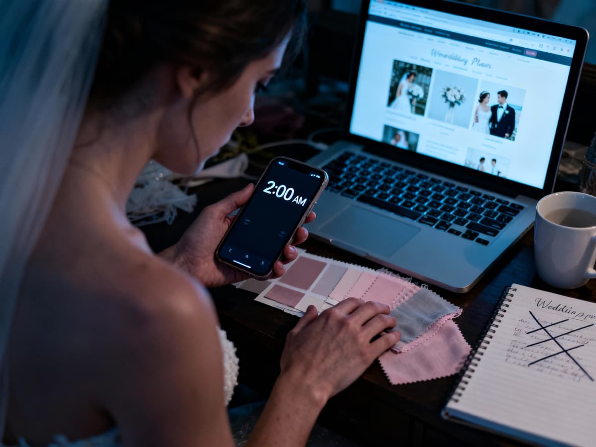 Anxious bride at desk late at night surrounded by fabric swatches and color samples feeling regret about palette choice