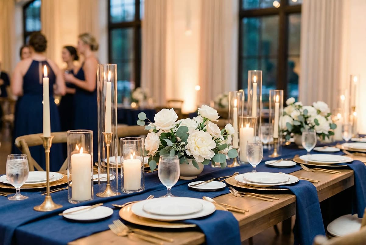 Elegant minimalist wedding reception with simple two-color palette navy and gold showing less can be more