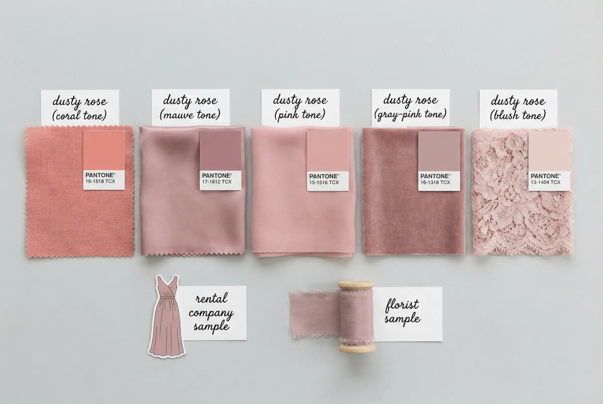 Wedding vendor fabric swatches showing multiple different shades all labeled dusty rose demonstrating color communication problems