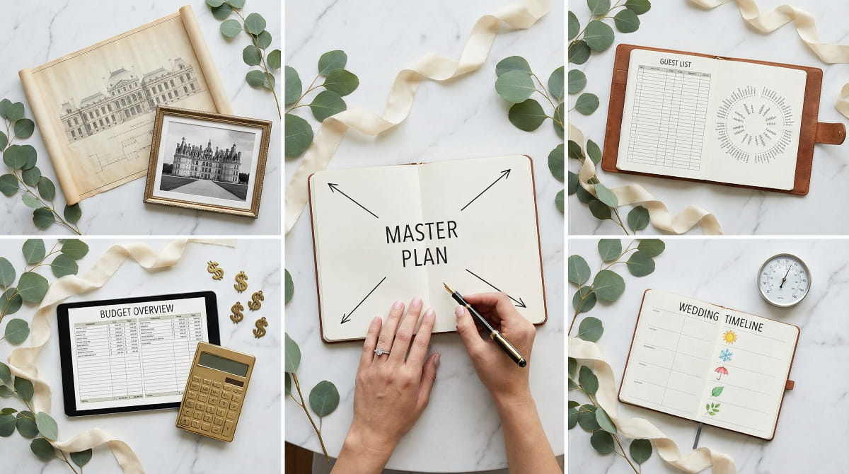 Four key wedding planning pillars laid out visually: venue plans, guest count list, budget spreadsheet, and seasonal calendar with bride's hands planning in the center