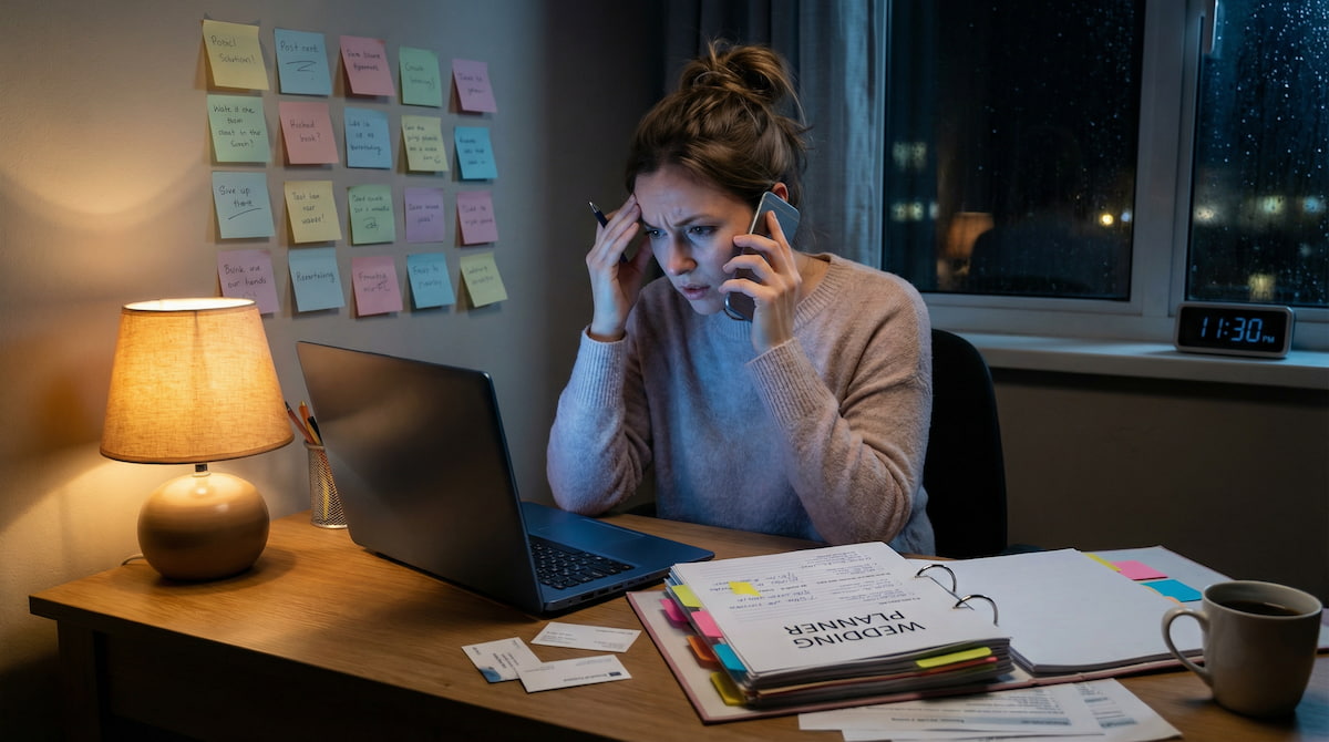 Stressed bride-to-be making late-night phone calls at her desk, surrounded by wedding planning materials, vendor cards, and Post-it notes