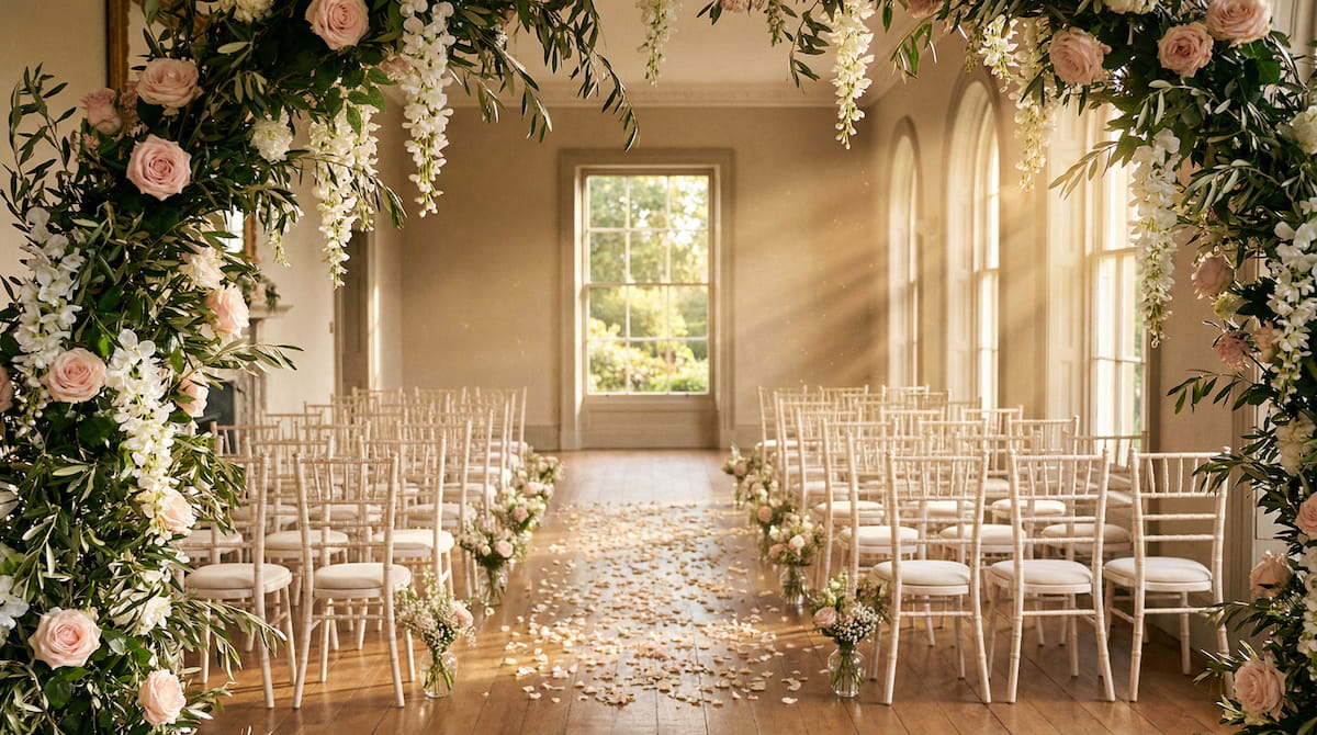 Empty wedding venue during golden hour, fully set up with decorated aisle, floral arrangements, and warm sunset light streaming through windows