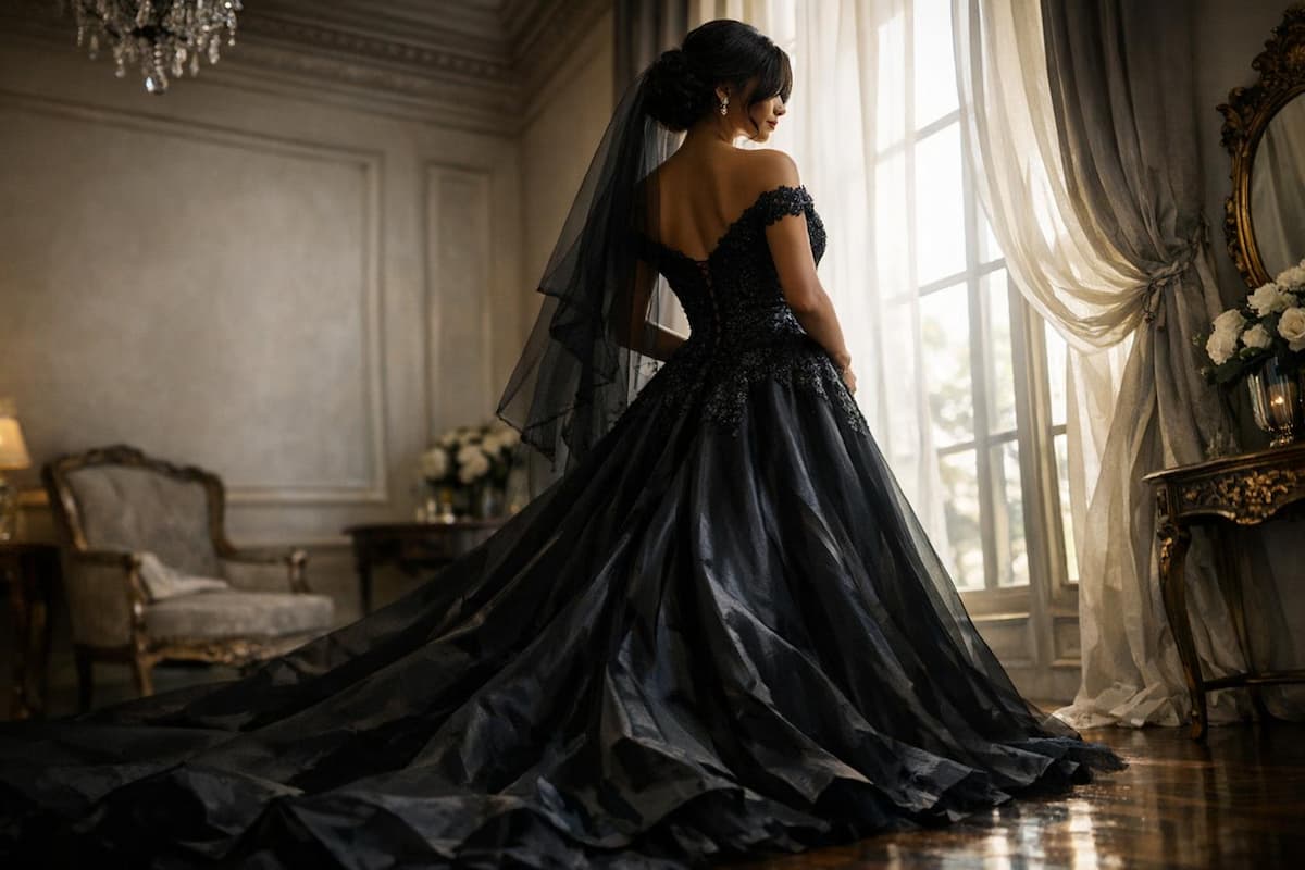 Bride in dramatic black wedding dress standing confidently, elegant lace detail catching light in modern bridal portrait