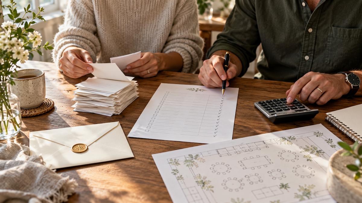 Two people sorting blank guest-list cards, with extra proposed names represented by a separate stack.