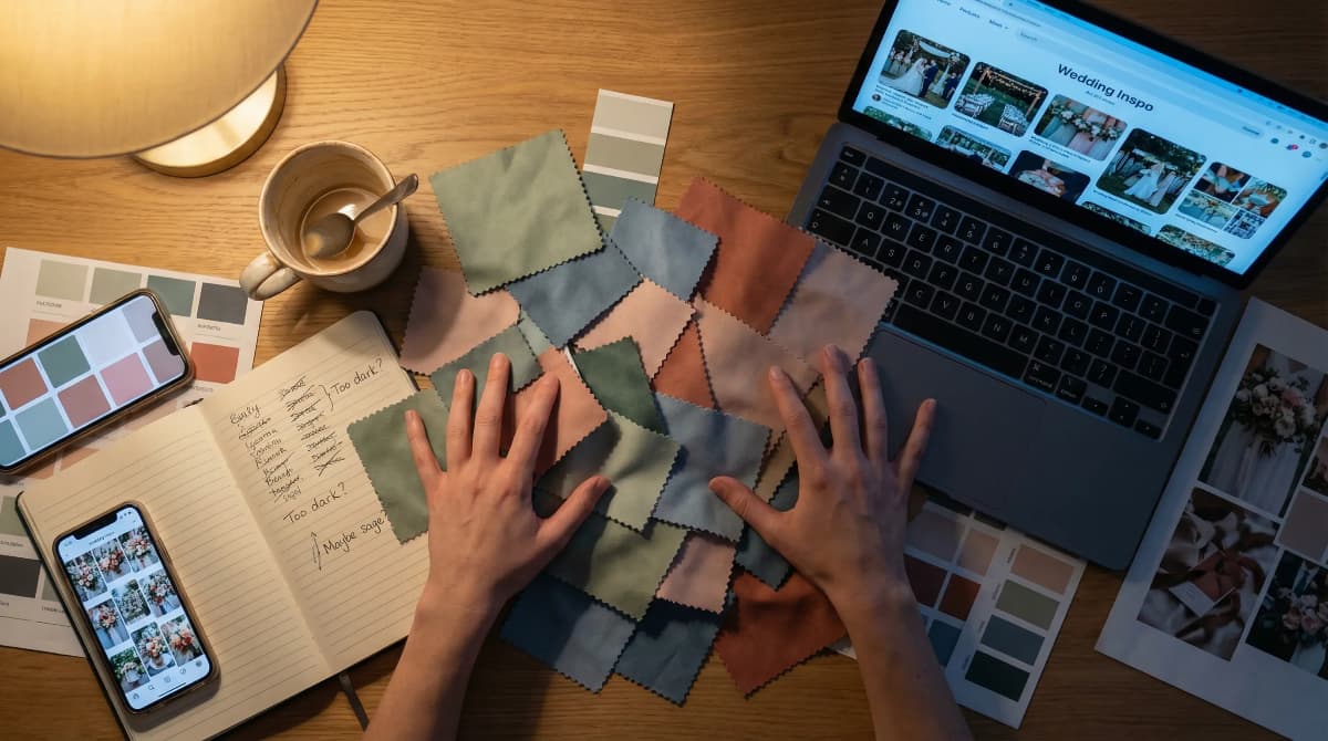 Overwhelmed bride surrounded by fabric swatches color samples and Pinterest boards unable to choose wedding palette
